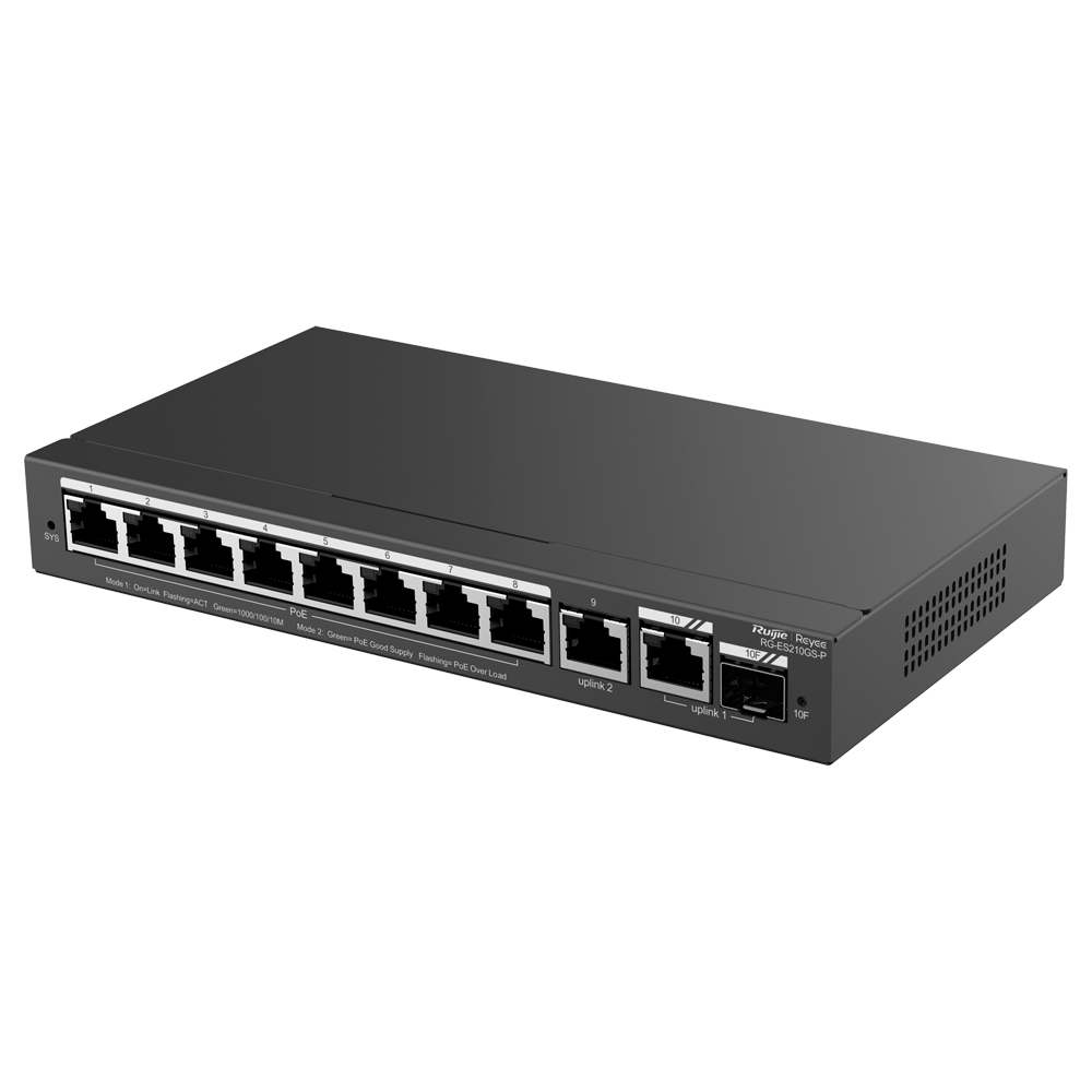 Керований PoE-комутатор, 8 портів PoE + 2 Uplink RJ45 + 1 SFP Combo — Reyee