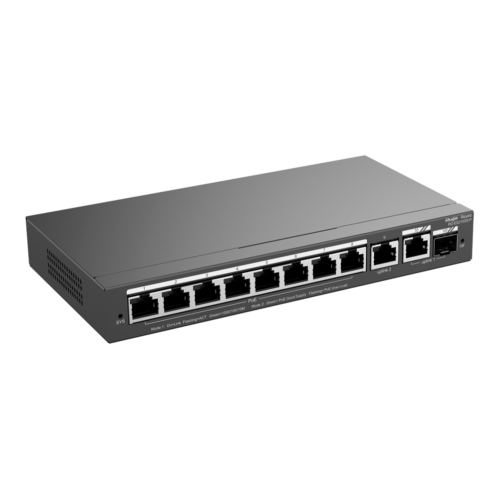 Керований PoE-комутатор, 8 портів PoE + 2 Uplink RJ45 + 1 SFP Combo — Reyee