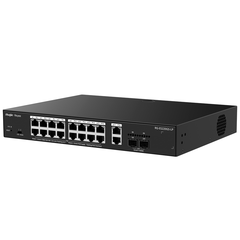 Керований PoE-комутатор, 16 PoE 802.3af/at + 2 SFP + 2 Uplink RJ45 — Reyee