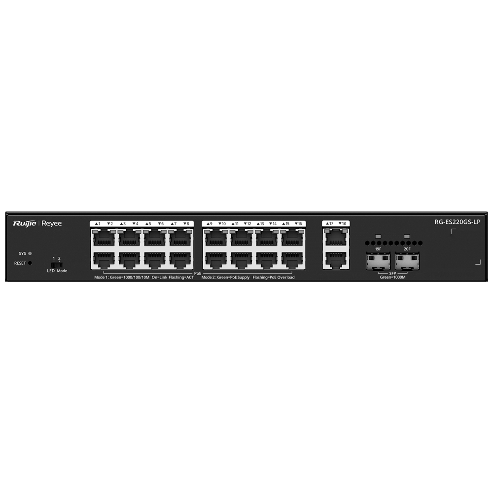 Керований PoE-комутатор, 16 PoE 802.3af/at + 2 SFP + 2 Uplink RJ45 — Reyee