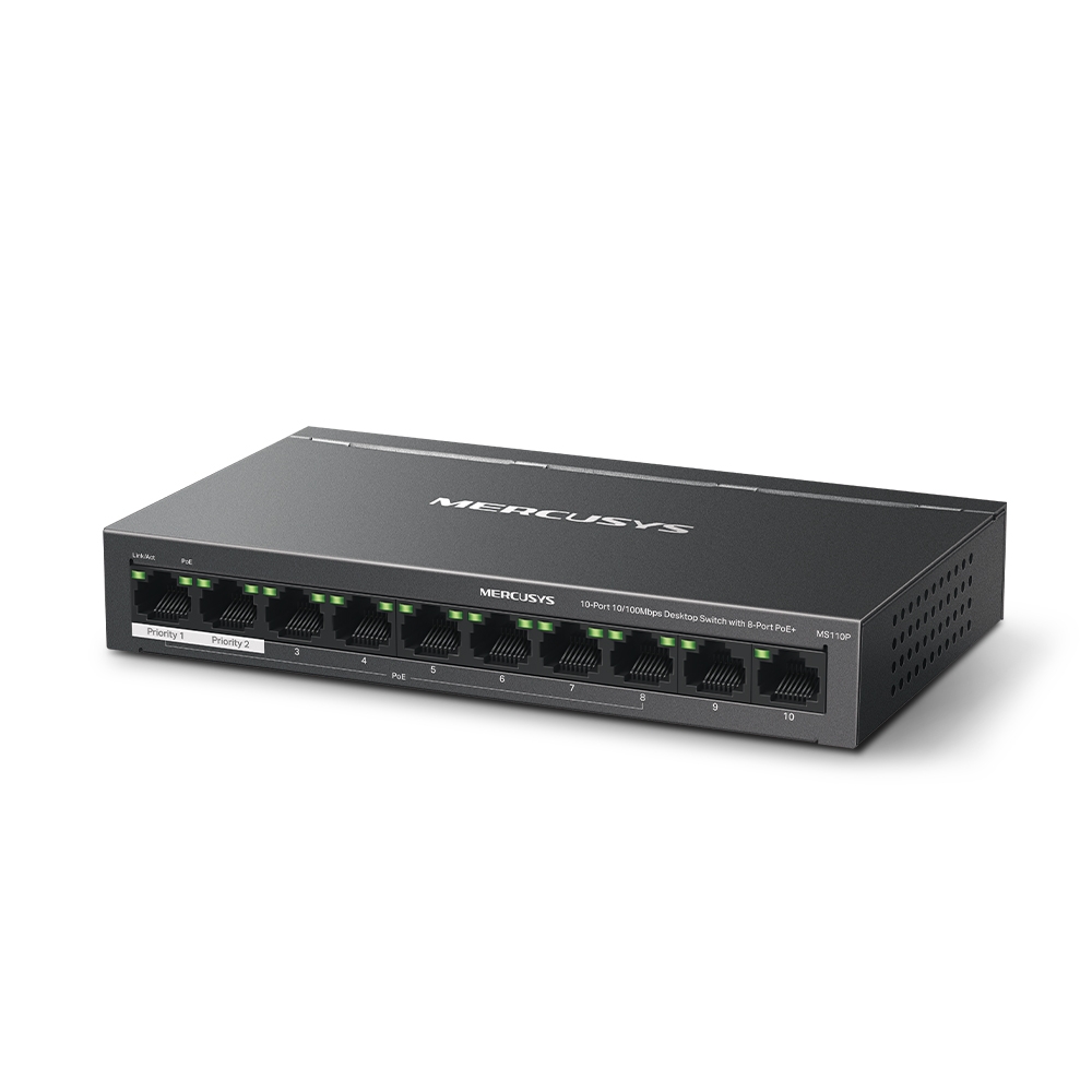 Комутатор TP-Link Mercusys на 10 портів Fast Ethernet з 8 PoE+ MS110P